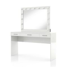 a white dressing table with mirror and lights