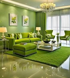 a living room with green couches and chairs