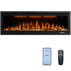 an electric fireplace with remote control and fire