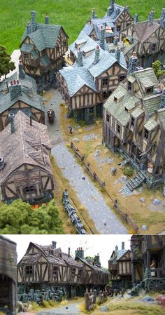 two views of an old model town with lots of buildings and people on the street