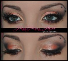 two pictures of the same woman's eyes with pink and orange eyeliners