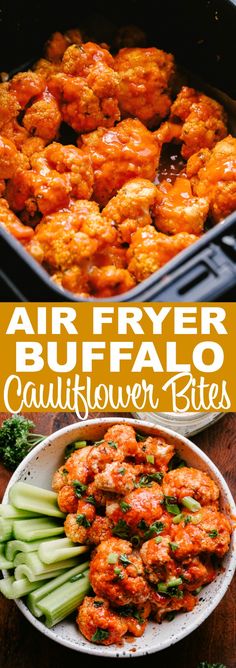 air fryer buffalo cauliflower bites in a bowl with celery