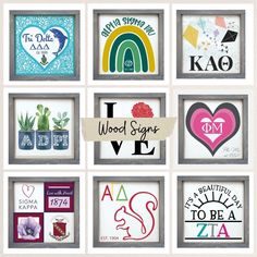 a collage of different types of framed art with words and pictures on it, including the word love