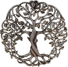 a metal tree with leaves and vines in the shape of a circle on a white background