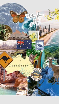 australia collage with kangaroo, australian flag, and images of the country's coastline