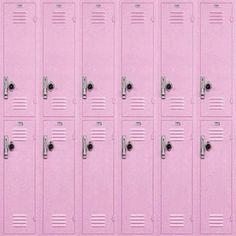 several pink lockers are lined up in a row and one is open to reveal the contents