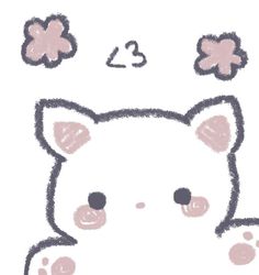 a drawing of a cat with flowers on it's head and paw prints in the background