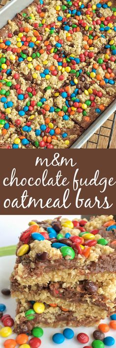 a chocolate fudge oatmeal bars with m & m candy on top