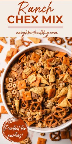 a bowl full of chex mix with the words ranch chex mix over it