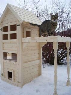 a cat sitting on top of a wooden house in the snow