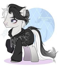 a drawing of a pony with black hair and blue eyes, wearing a hoodie