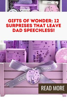 a purple box filled with lots of different items and the words, gifts of wonder 12 surprises that leave dad speckles