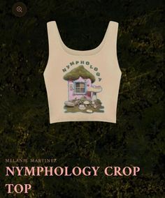 a tank top with the words nympholopy crop top on it and an image of a mushroom house