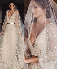 a woman wearing a wedding gown and veil with sequins on the skirt, standing in front of a mirror