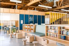 an empty library with bookshelves and benches