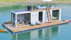 a houseboat floating on top of a body of water