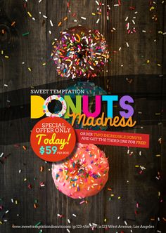 two donuts with colorful sprinkles are on the cover of this ad