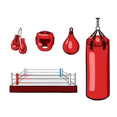 a red boxing bag and gloves on a white background