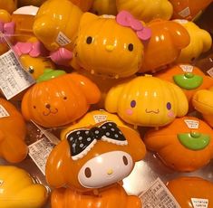 there are many pumpkins with hello kitty faces on them in the shape of animals