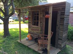 a small wooden shed with chairs and pumpkins on the front porch, next to a tree