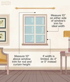 a room with wood flooring and white walls has measurements for the width of the window