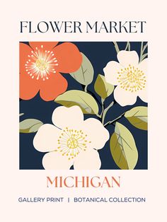 a flower market poster with an orange and white flower in the center, on a blue background