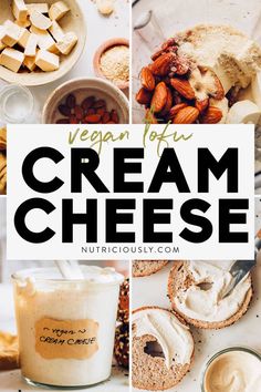 the collage shows different types of cream cheeses and other foods that are on display