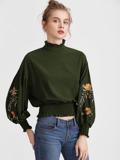 Floral Embroidery Top, Ruched Blouse, Three Quarter Sleeve Blouses, Frilly Blouse, Mock Neck Blouse, Embroidery Top, Mode Casual, Hem Blouse, Cooler Look