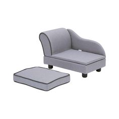 a gray chair and ottoman sitting next to each other on top of a white floor