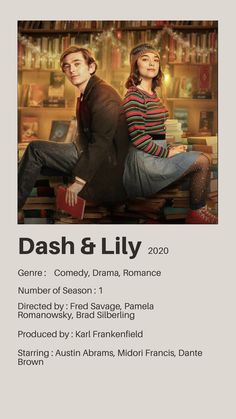 the poster for dash and lily, which features two people sitting on a bench in front of bookshelves