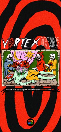 an advertisement for vortex dreams with cartoon characters in the window and on top of it