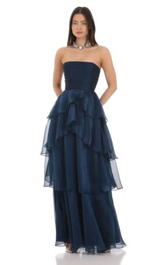 Corset Ruffle Strapless Maxi Dress in Navy Prom Dress Inspo, Ruffle Prom Dress, Navy Bridesmaid Dresses, Lucy In The Sky, Dream Dresses, Prom Dress Inspiration, Cute Prom Dresses, Pretty Prom Dresses, Strapless Maxi