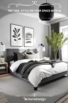 a bedroom with gray walls and white bedding is featured in an ad for home design