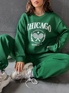 Green Pullover Outfit, Tennis Merch, Sweatsuit Outfits, Sweatpants Shein, Pullovers Outfit, Drop Shoulder Sweatshirt, Dropped Shoulder Sweatshirt, Stylish Glasses, Custom Jerseys