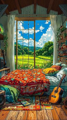 a painting of a bedroom with a guitar on the bed and an open window that looks out onto a green field