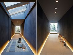 two photographs of a hallway with benches and plants on the floor, one is lit up at night