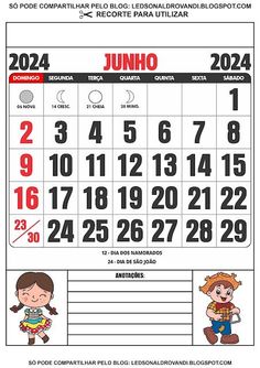 the spanish calendar for july is shown in red and black, with an image of two children