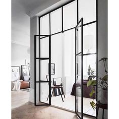 double iron french door with two sidelights and transom Interior Glass Doors Ideas, French Double Doors, Glass Partition Wall, Office Partitions, Glass Doors Interior, Glass Partition, Sliding Doors Interior, Partition Wall, Minimalism Interior