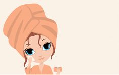 a cartoon girl with blue eyes and a pink towel on her head holding a cup