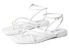 Steve Madden Agree Sandal - Women's Shoes : White : The Steve Madden Agree Sandals are just perfect when you want to keep things minimal and right on trend. PU upper, lining, and insole. Cushioned footbed for long-lasting comfort. Strappy upper with toe post. Ankle strap closure with buckle. Square toe. Man-made material outsole. Imported. Measurements: Weight: 6 oz Product measurements were taken using size 8.5, width M. Please note that measurements may vary by size. Weight of footwear is base White Strappy Sandals, Steve Madden Flats, Strappy Sandals Flat, White Sandals