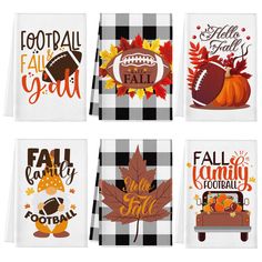 four napkins with different designs on them, each featuring an image of a football