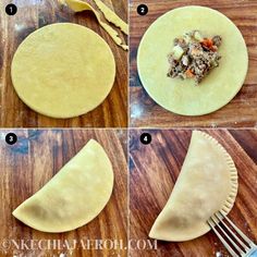 four pictures showing how to make an empandora with the pastry crust removed