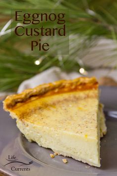 eggnog custard pie on a plate with pine branches in the background