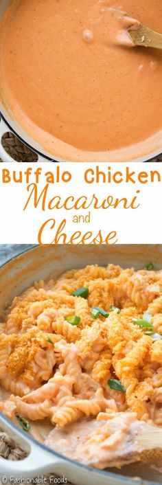 buffalo chicken macaroni and cheese in a skillet with the title above it