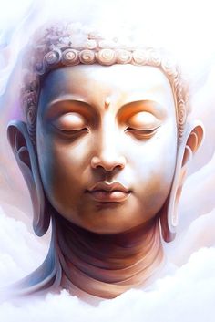 a painting of a buddha head in the clouds with eyes closed and one eye closed