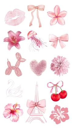 pink flowers and bows are arranged on a white background