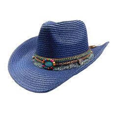 Straw cowboy hat for women. Colorful embroidered tassel band with turquoise beaded concha. C-crown with pinched front. Curled 3" wide brim with wired edge to shape. Inner drawstring to adjust fit. One size. 100% paper braid. Bohemian Straw Hat For Rodeo, Blue Fedora One Size Fits Most For Summer, Blue Fedora With Curved Brim For Festival, Adjustable Fringe Fedora Straw Hat, Western Blue Sun Hat With Flat Brim, Western Style Blue Sun Hat With Flat Brim, Adjustable Fringe Hat With Curved Brim, Bohemian Straw Hat For Rodeo With Curved Brim, Turquoise Beaded Western Hat