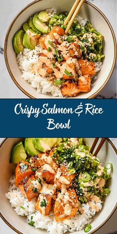 This Crispy Salmon & Rice Bowl is a fresh, flavorful meal featuring crispy, pan-seared salmon over a bed of rice with an array of delicious toppings. Finished with a savory soy sauce drizzle, this bowl is quick to prepare and perfect for a healthy lunch or dinner. Salmon And Rice Noodles, Yum Yum Sauce Salmon, Salmon Rice Bowl Recipes Healthy, Salmon Rice Bowl Sauce, Seared Salmon Dinner Ideas, Salmon Bowl Recipe Healthy, Rice Bowl Salmon, Fish And Rice Bowl, Rice For Salmon Dinners