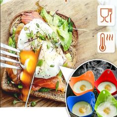 an image of food being cut in half on a cutting board with forks and spoons