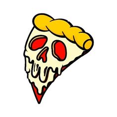 a piece of pizza with a skull on it's face and yellow hair sticking out of the top